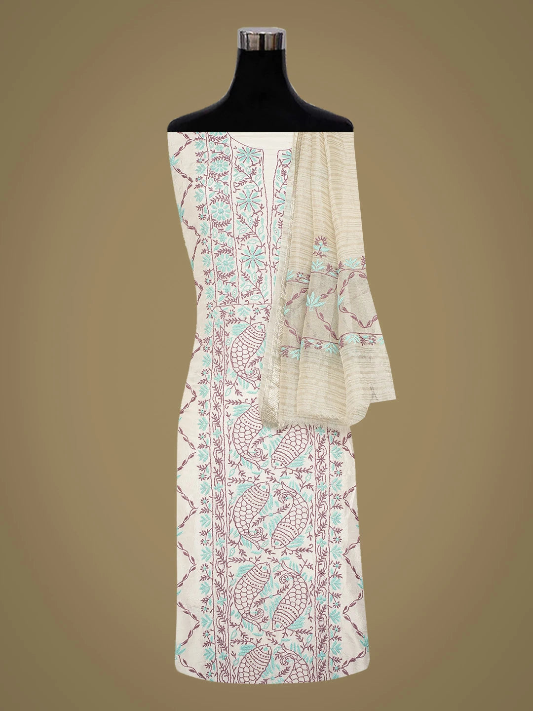 Ada Hand Embroidered Smoke White Silk Lucknowi Chikankari Unstitched Kurta Dupatta Set 01A635421