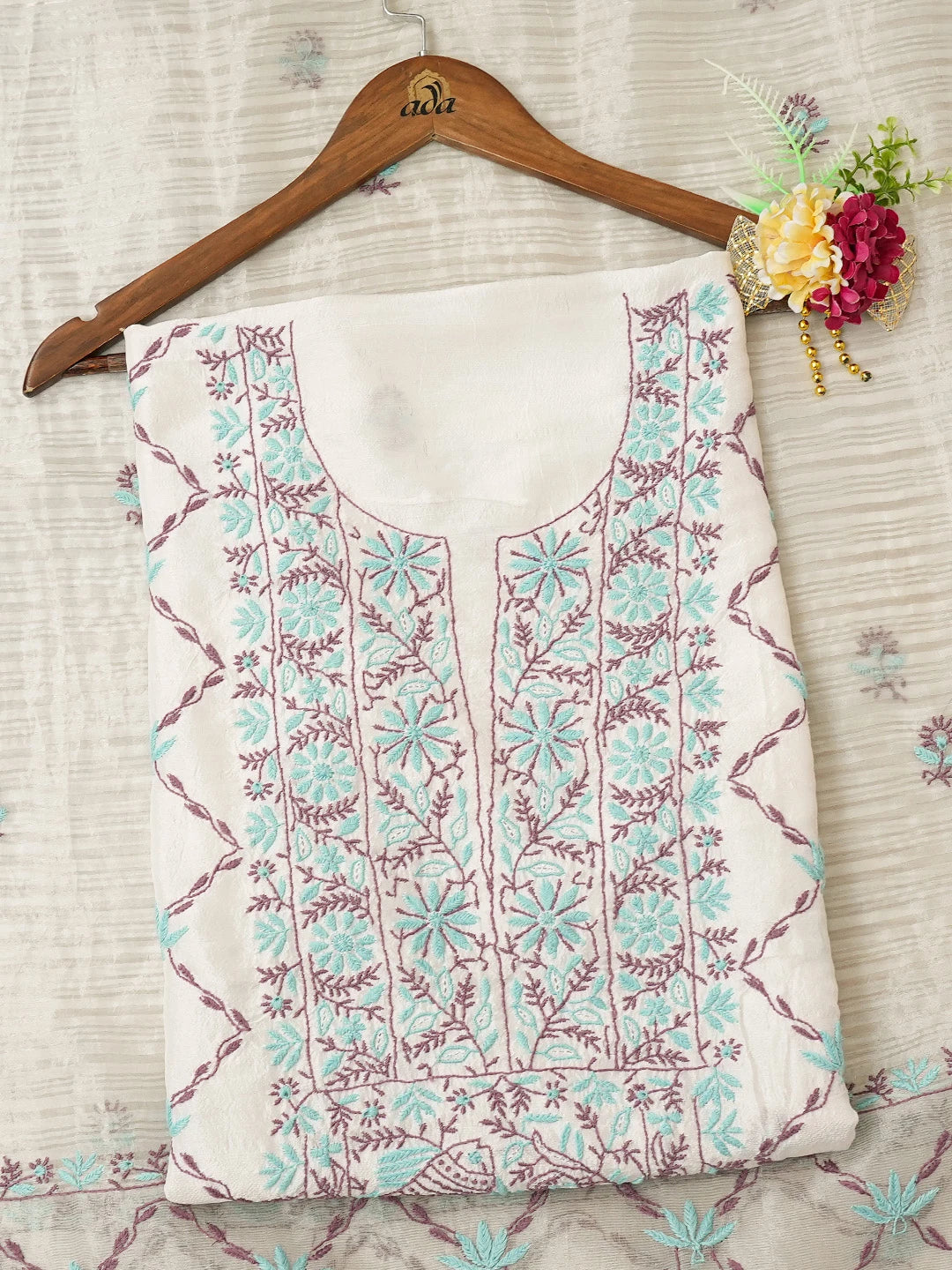 Ada Hand Embroidered Smoke White Silk Lucknowi Chikankari Unstitched Kurta Dupatta Set 01A635421
