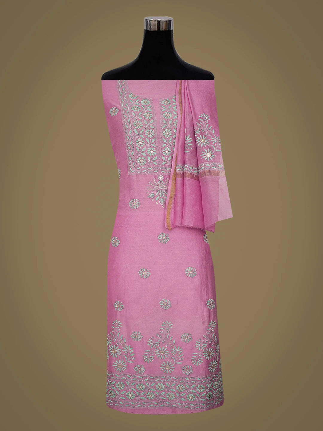 Ada Hand Embroidered Onion Pink Chanderi Lucknowi Chikankari Unstitched Kurta Dupatta Set With Mirror Work 01A468366