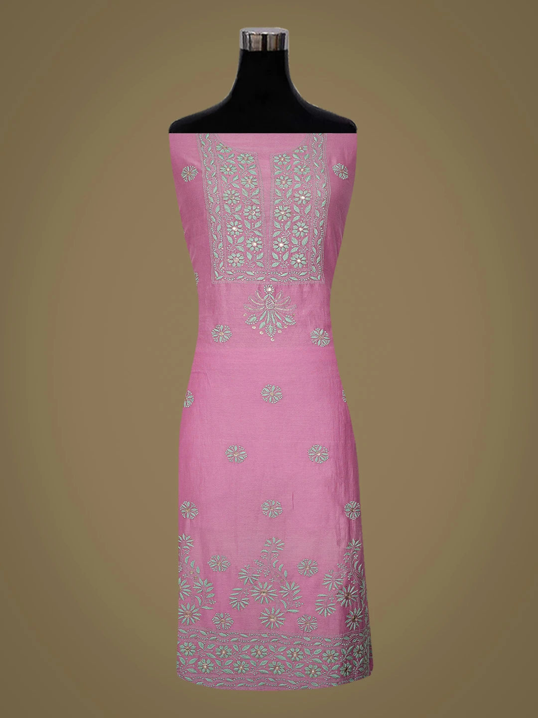 Ada Hand Embroidered Onion Pink Chanderi Lucknowi Chikankari Unstitched Kurta Dupatta Set With Mirror Work 01A468366