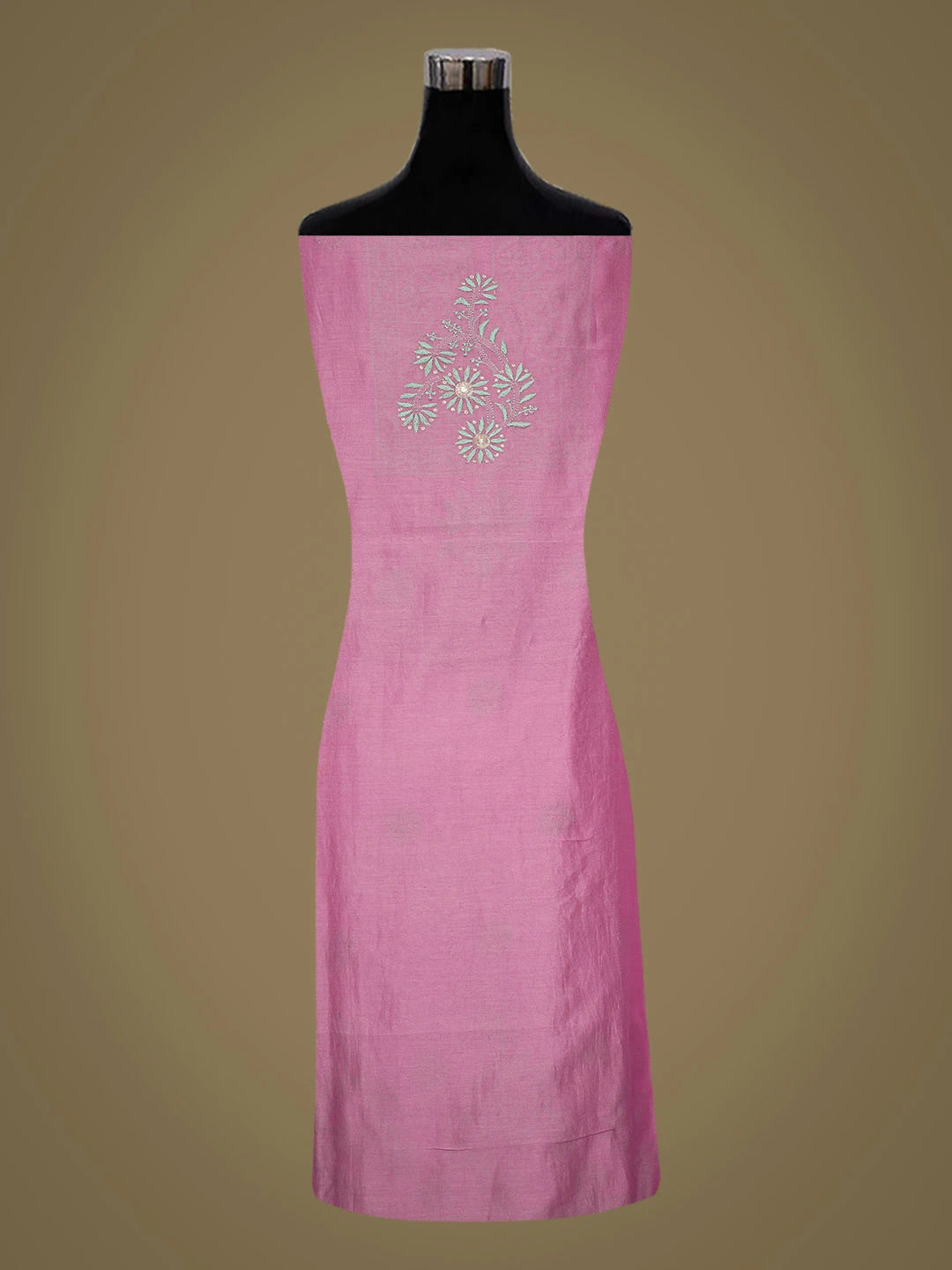 Ada Hand Embroidered Onion Pink Chanderi Lucknowi Chikankari Unstitched Kurta Dupatta Set With Mirror Work 01A468366