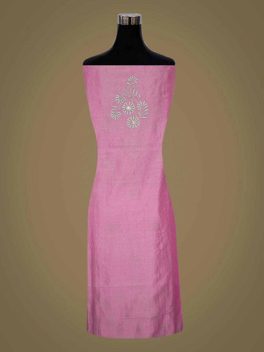 Ada Hand Embroidered Onion Pink Chanderi Lucknowi Chikankari Unstitched Kurta Dupatta Set With Mirror Work 01A468366