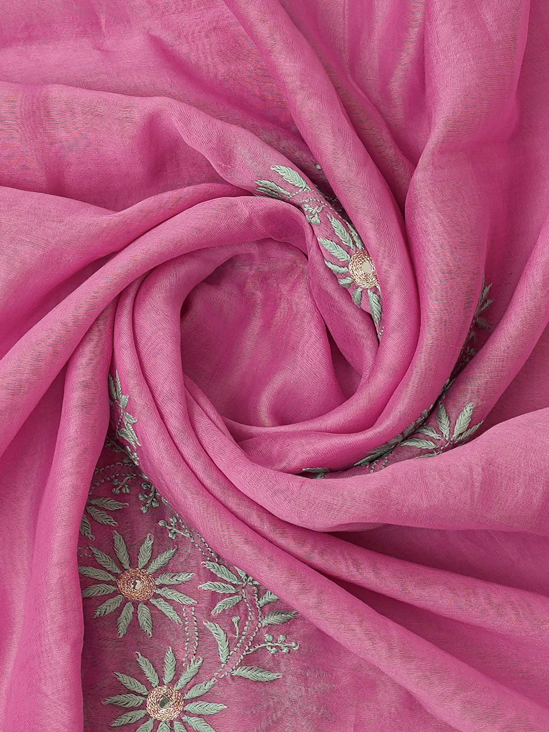 Ada Hand Embroidered Onion Pink Chanderi Lucknowi Chikankari Unstitched Kurta Dupatta Set With Mirror Work 01A468366