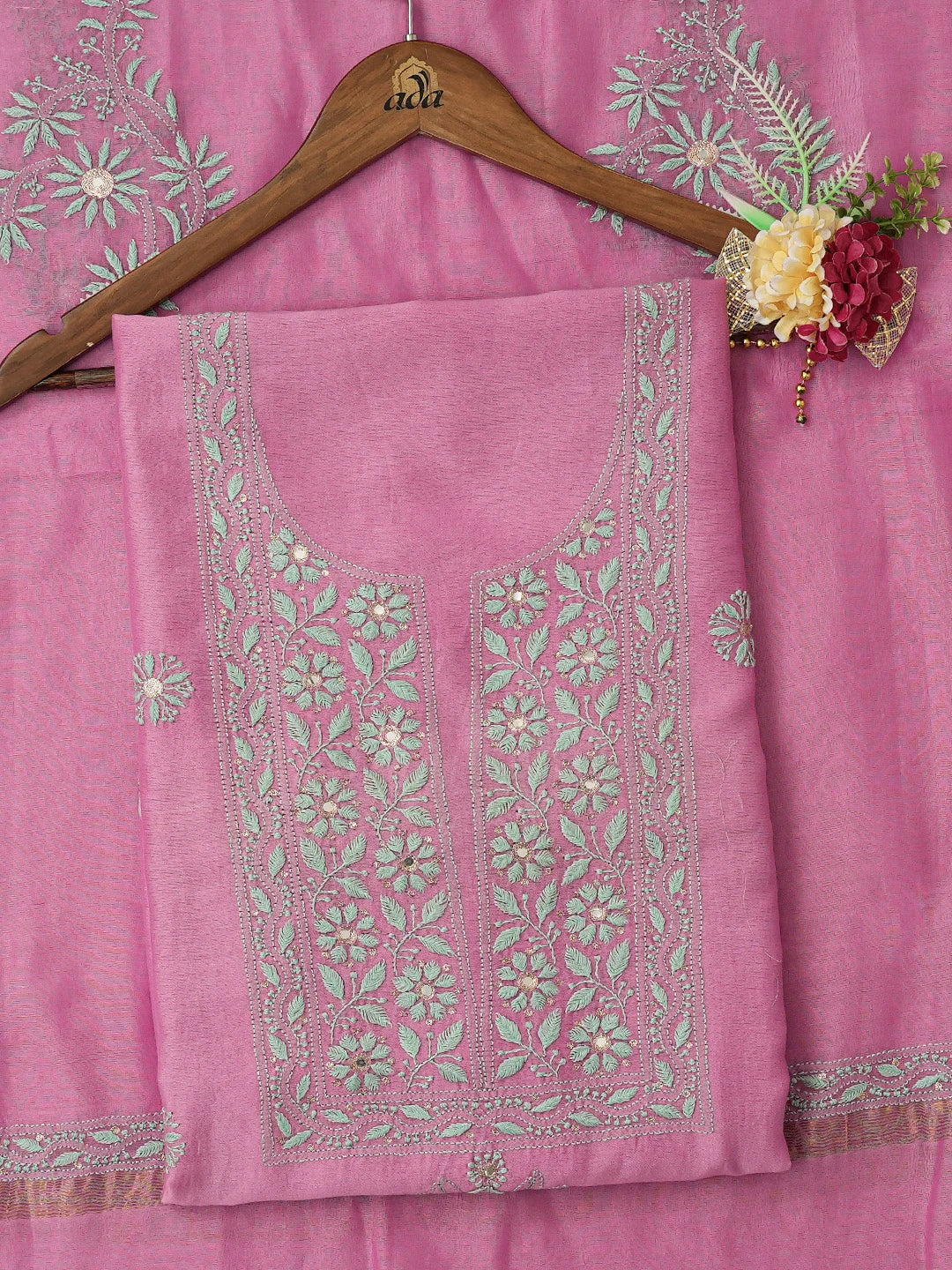 Ada Hand Embroidered Onion Pink Chanderi Lucknowi Chikankari Unstitched Kurta Dupatta Set With Mirror Work 01A468366