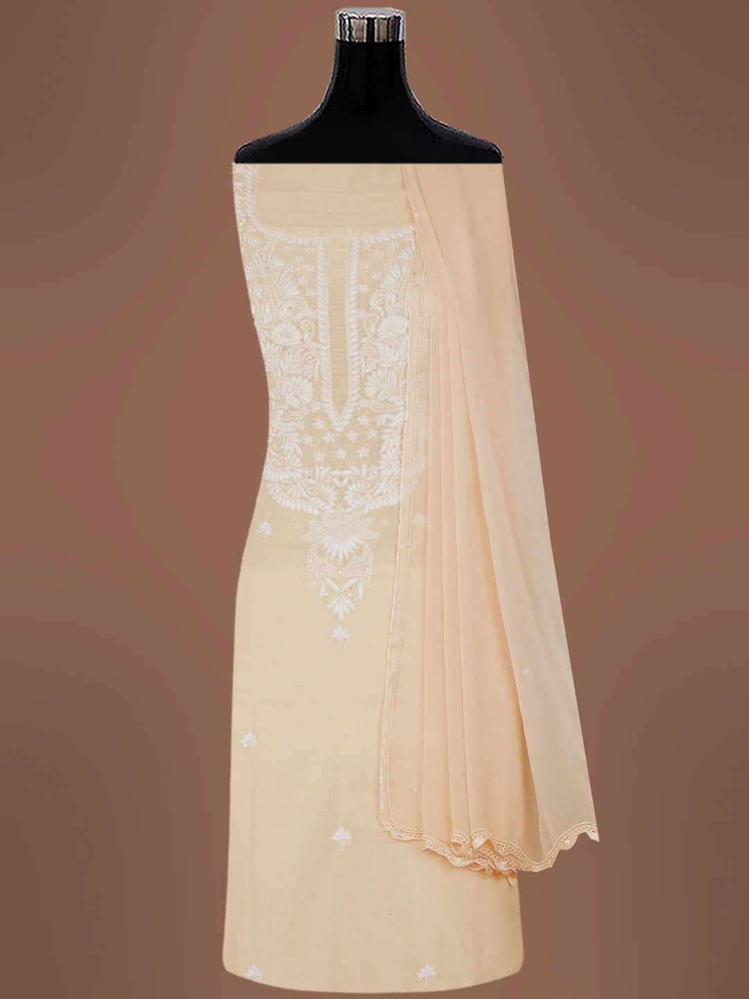 Ada Hand Embroidered Peach Cotton Lucknowi Chikankari Unstitched Suit Piece With Sequins Work 01A319989