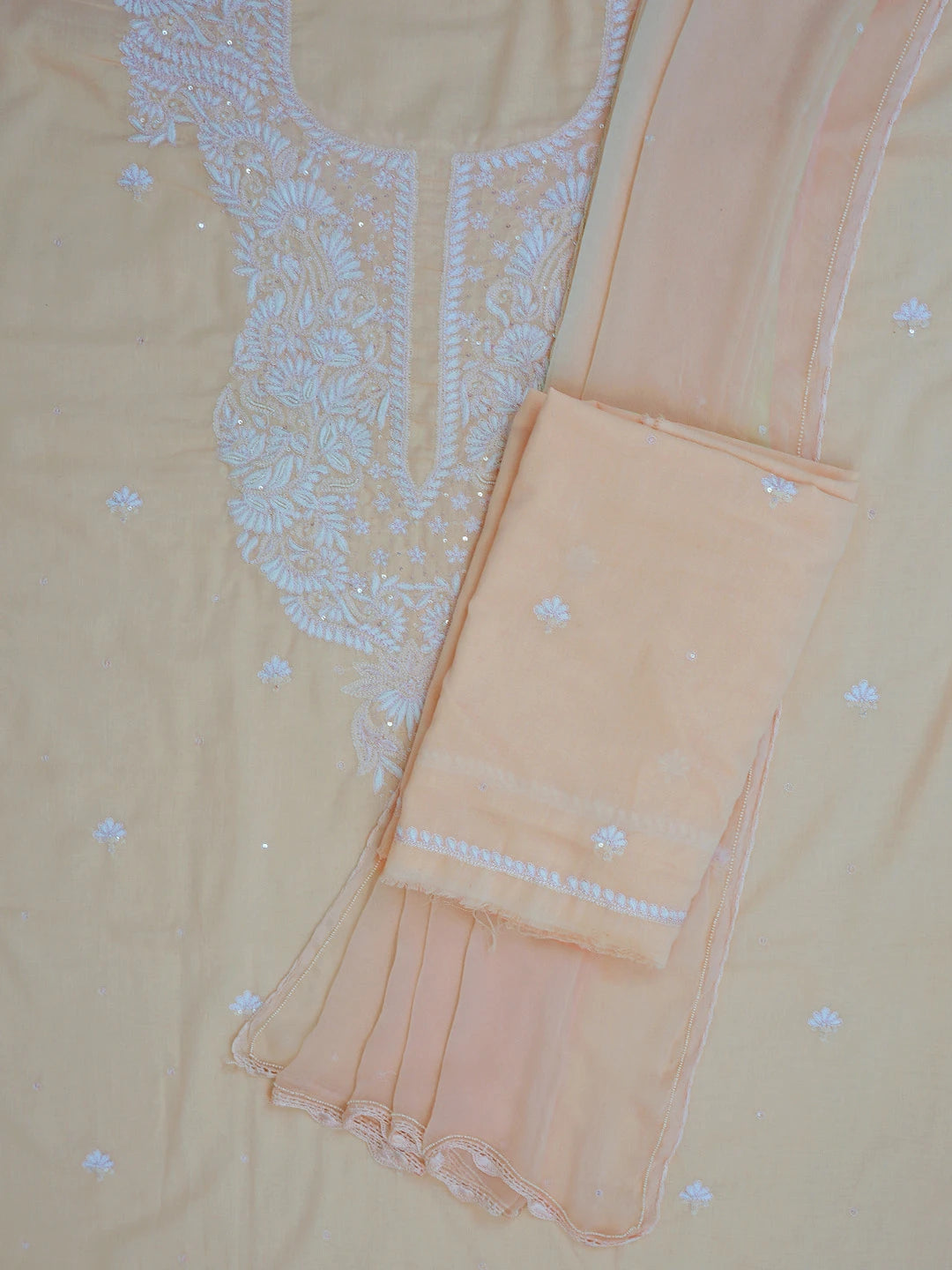 Ada Hand Embroidered Peach Cotton Lucknowi Chikankari Unstitched Suit Piece With Sequins Work 01A319989