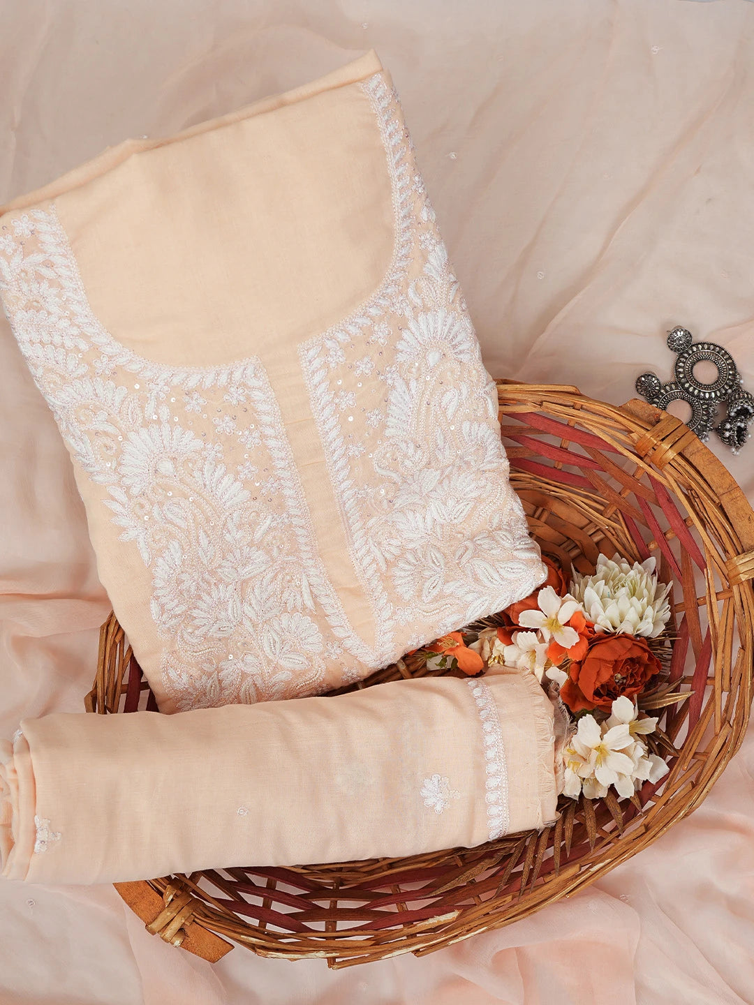 Ada Hand Embroidered Peach Cotton Lucknowi Chikankari Unstitched Suit Piece With Sequins Work 01A319989