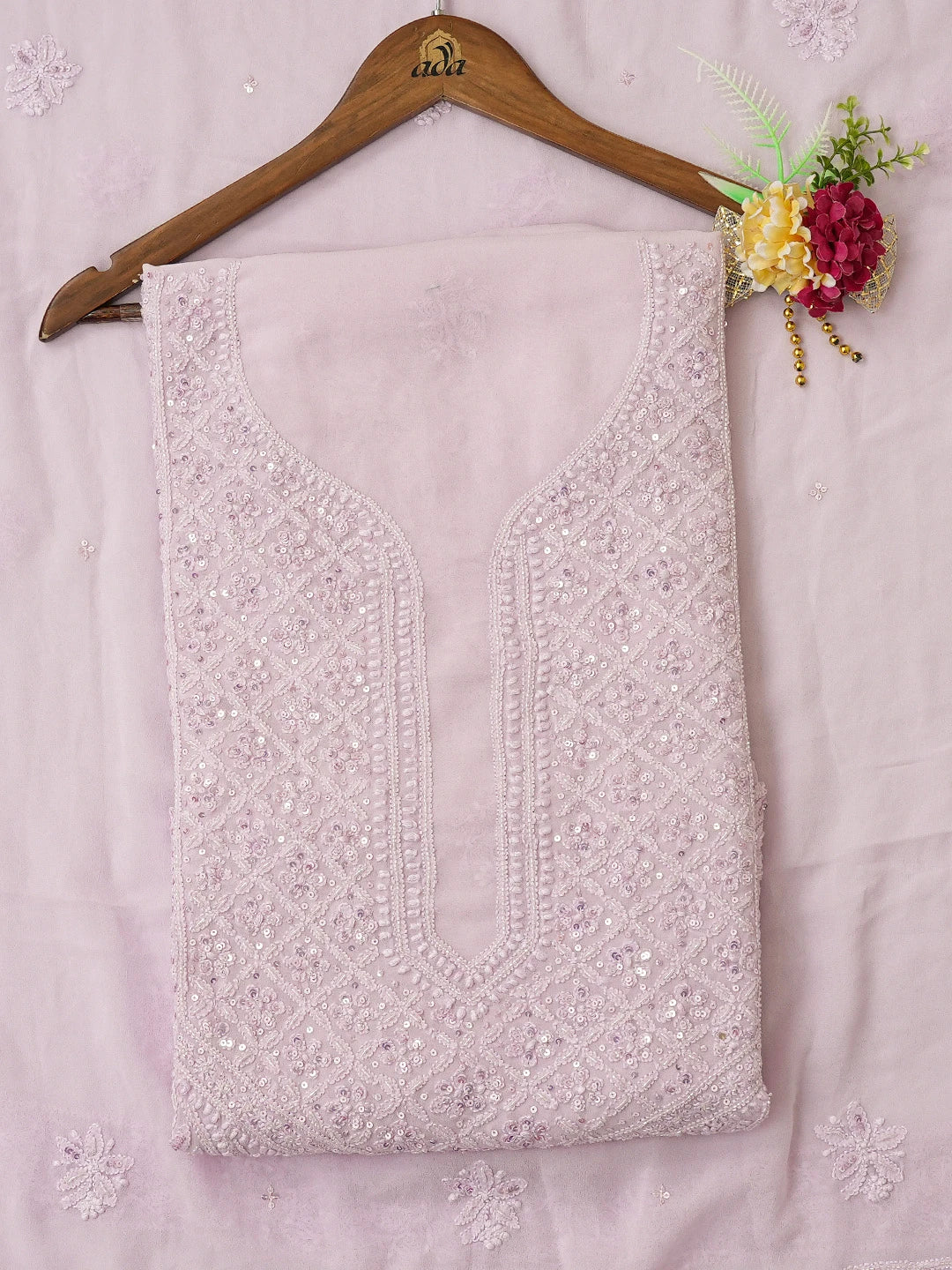Ada Hand Embroidered Lavender Viscose Georgette Lucknowi Chikankari Unstitched Kurta Dupatta Set With Cutdana Work 01A685181