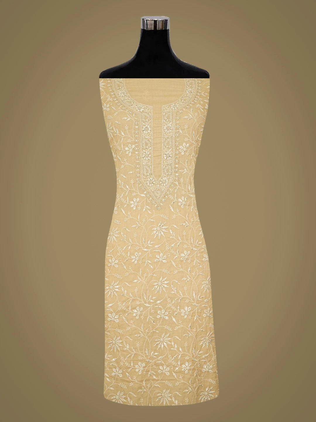 Ada Hand Embroidered Fawn Cotton Lucknowi Chikankari Unstitched Suit Piece With Cutdana Work 01A676390