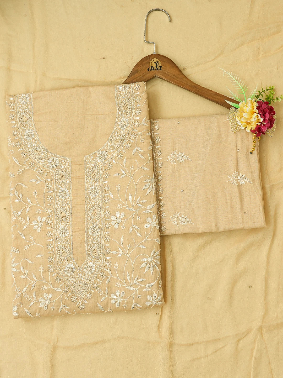 Ada Hand Embroidered Fawn Cotton Lucknowi Chikankari Unstitched Suit Piece With Cutdana Work 01A676390