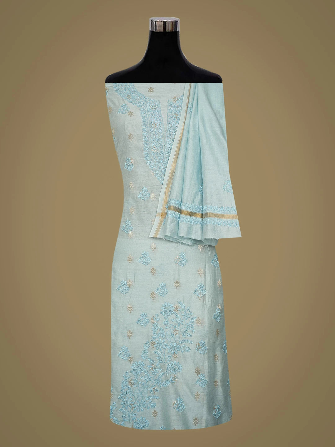 Ada Hand Embroidered Light Blue Chanderi Lucknowi Chikankari Unstitched Kurta Dupatta Set With Zari Work 01A728055
