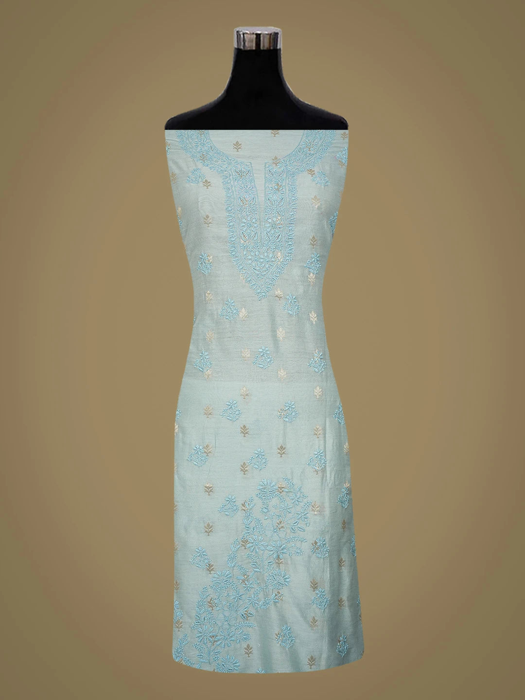 Ada Hand Embroidered Light Blue Chanderi Lucknowi Chikankari Unstitched Kurta Dupatta Set With Zari Work 01A728055