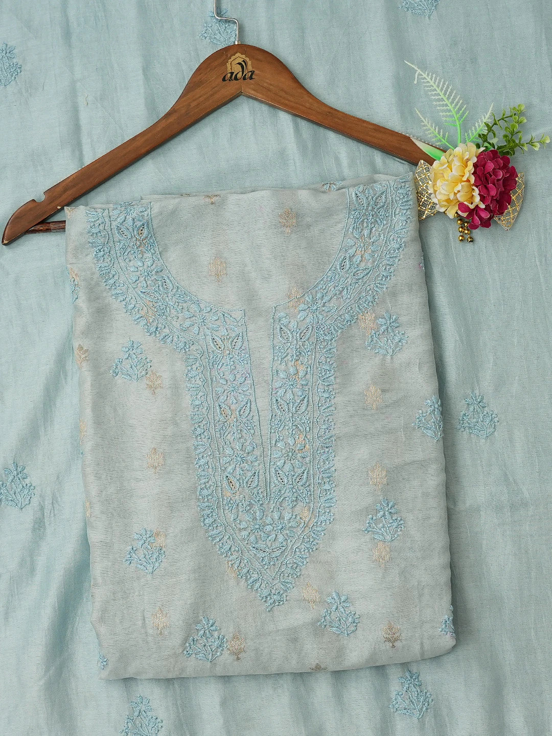 Ada Hand Embroidered Light Blue Chanderi Lucknowi Chikankari Unstitched Kurta Dupatta Set With Zari Work 01A728055
