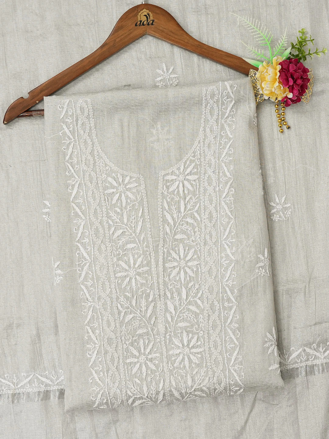 Ada Hand Embroidered French Grey Tissue Lucknowi Chikankari Unstitched Kurta Dupatta Set With Zari Work 01A731157