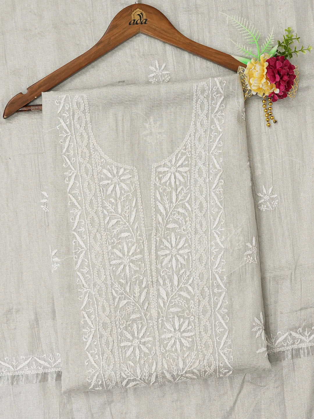 Ada Hand Embroidered French Grey Tissue Lucknowi Chikankari Unstitched Kurta Dupatta Set With Zari Work 01A731157