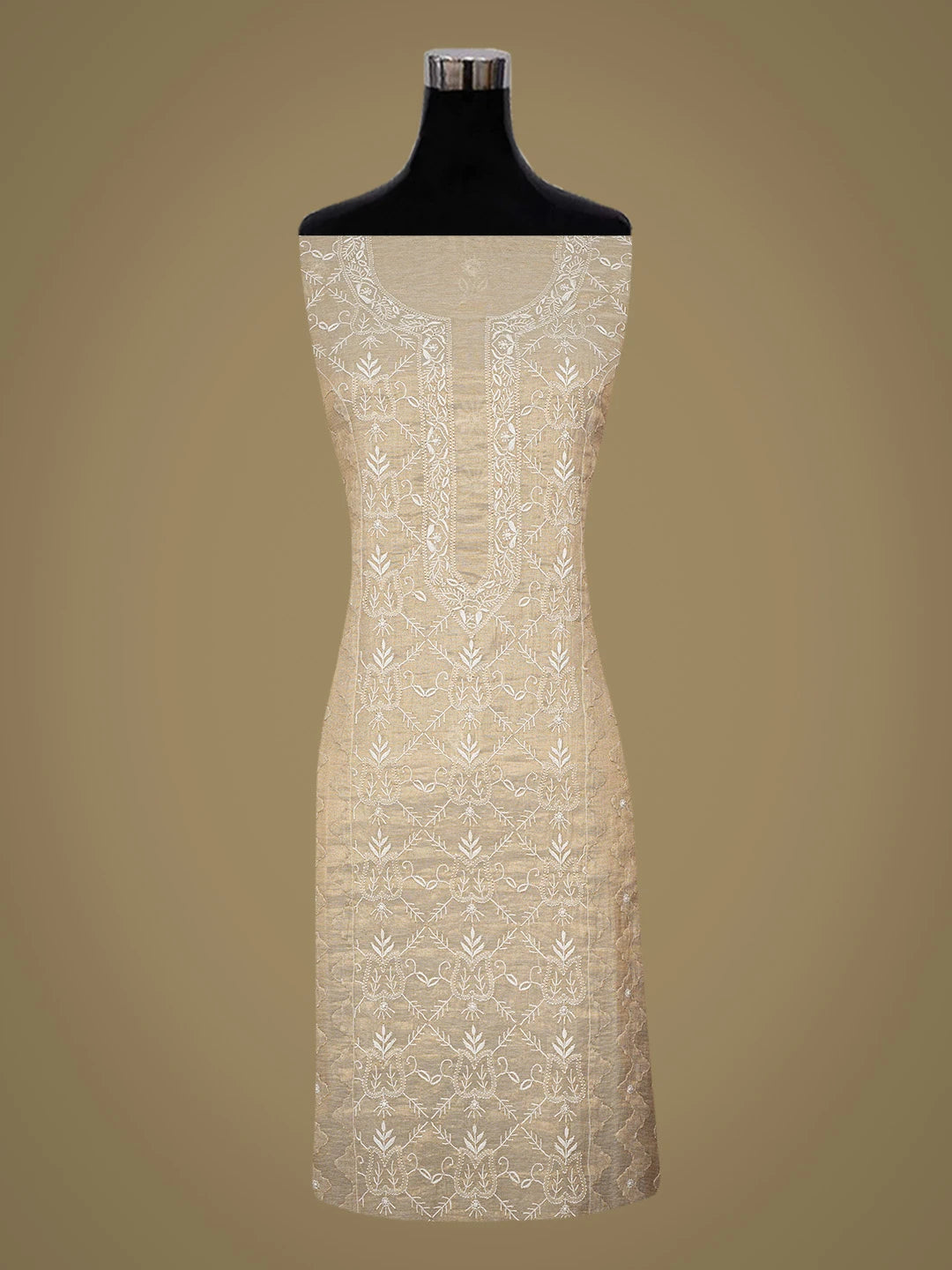 Ada Hand Embroidered Fawn Tissue Lucknowi Chikankari Unstitched Kurta Dupatta Set With Zari Work 01A718687
