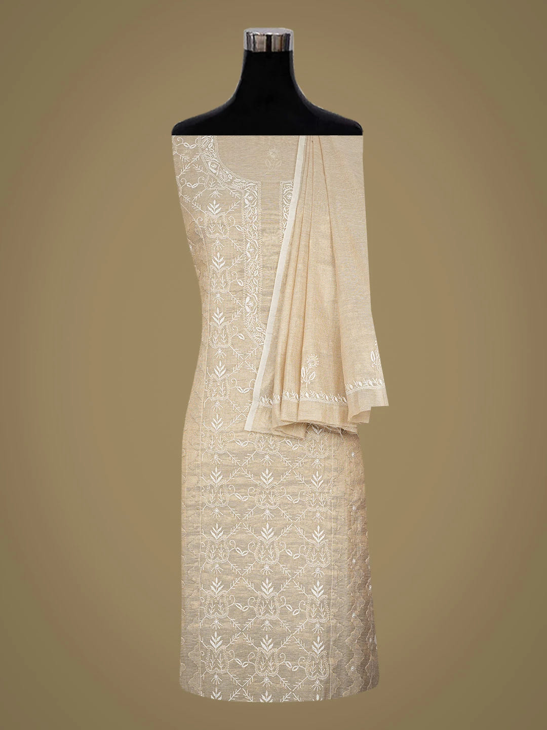 Ada Hand Embroidered Fawn Tissue Lucknowi Chikankari Unstitched Kurta Dupatta Set With Zari Work 01A718687
