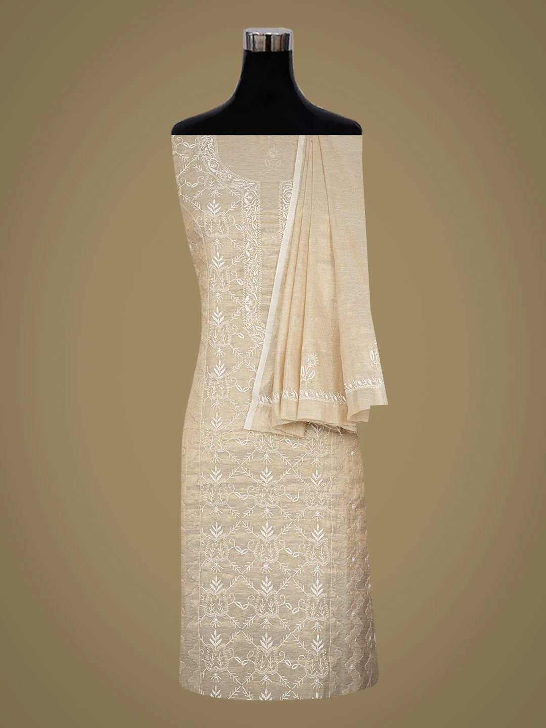 Ada Hand Embroidered Fawn Tissue Lucknowi Chikankari Unstitched Kurta Dupatta Set With Zari Work 01A718687