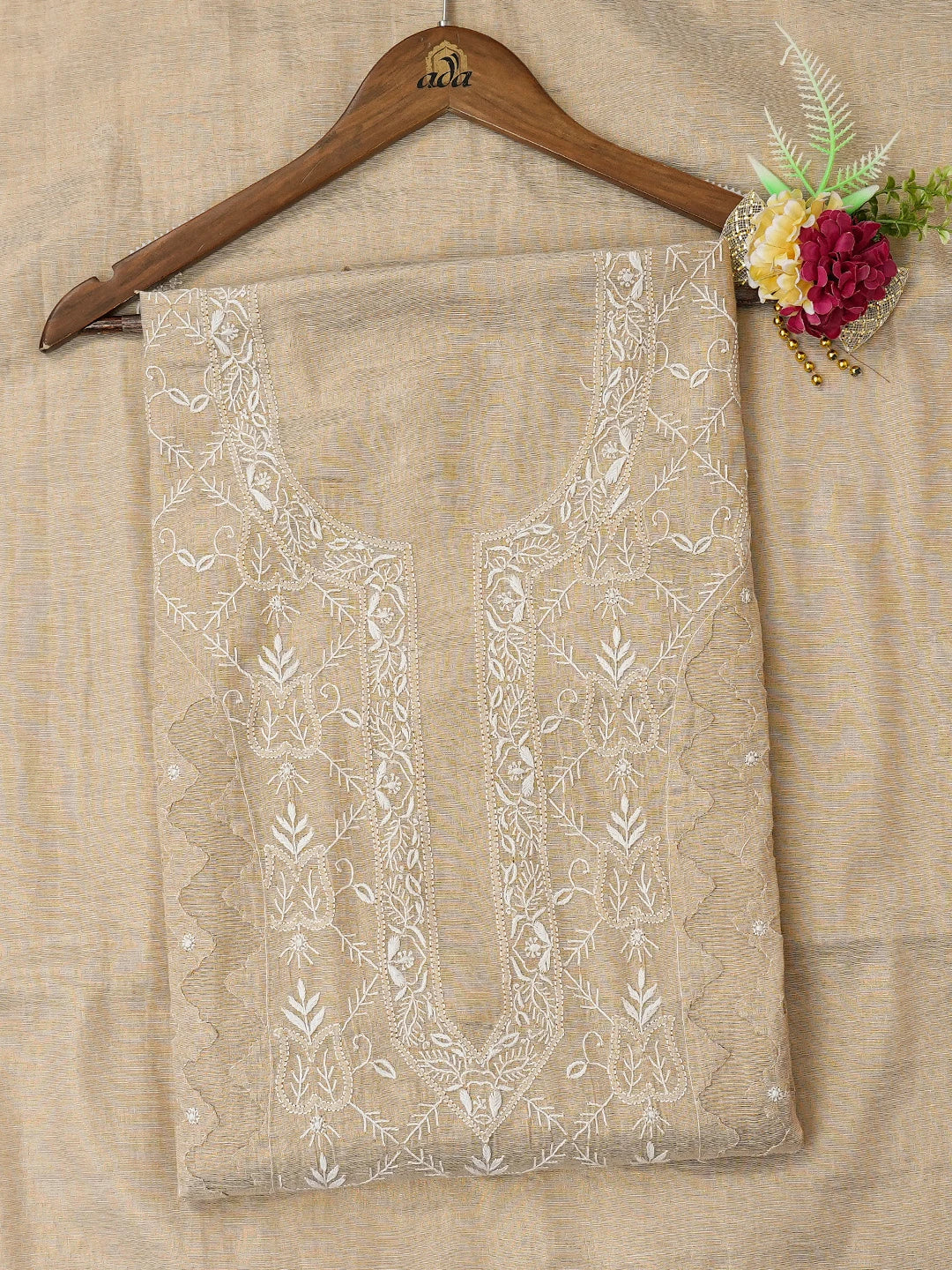 Ada Hand Embroidered Fawn Tissue Lucknowi Chikankari Unstitched Kurta Dupatta Set With Zari Work 01A718687