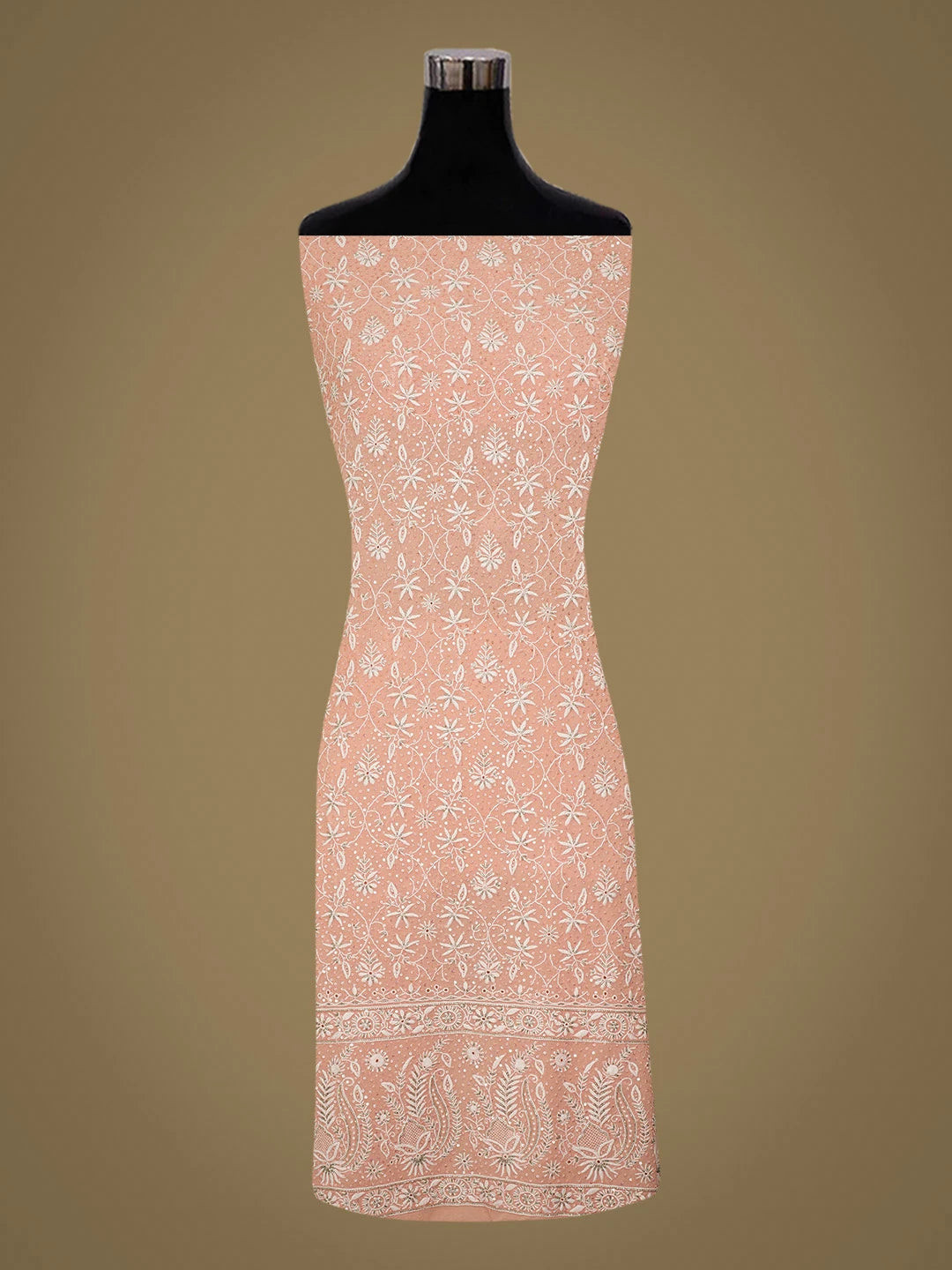 Ada Hand Embroidered Peach Pure Georgette Lucknowi Chikankari Unstitched Kurta Dupatta Set With Cutdana Work 01A682612