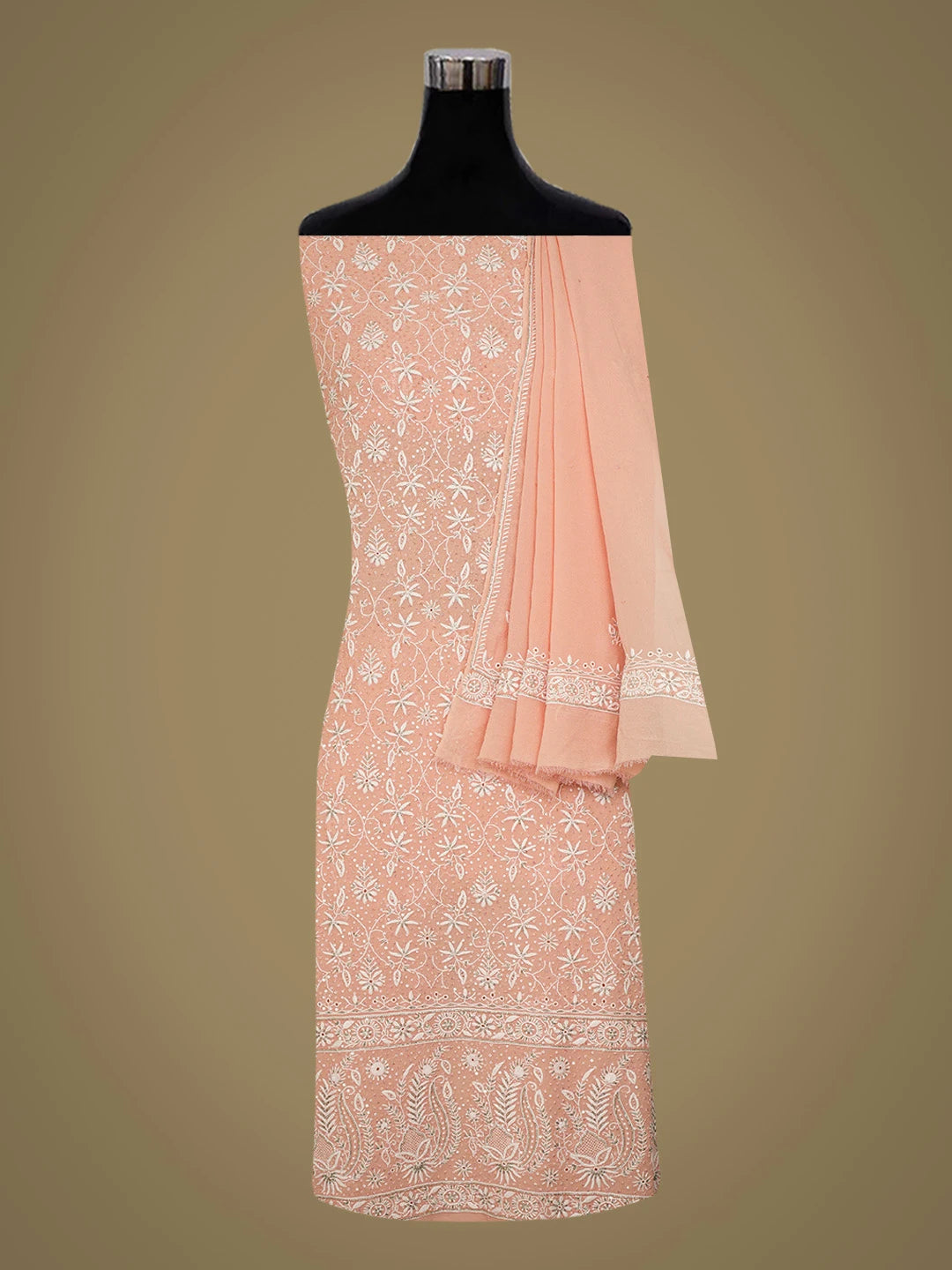 Ada Hand Embroidered Peach Pure Georgette Lucknowi Chikankari Unstitched Kurta Dupatta Set With Cutdana Work 01A682612