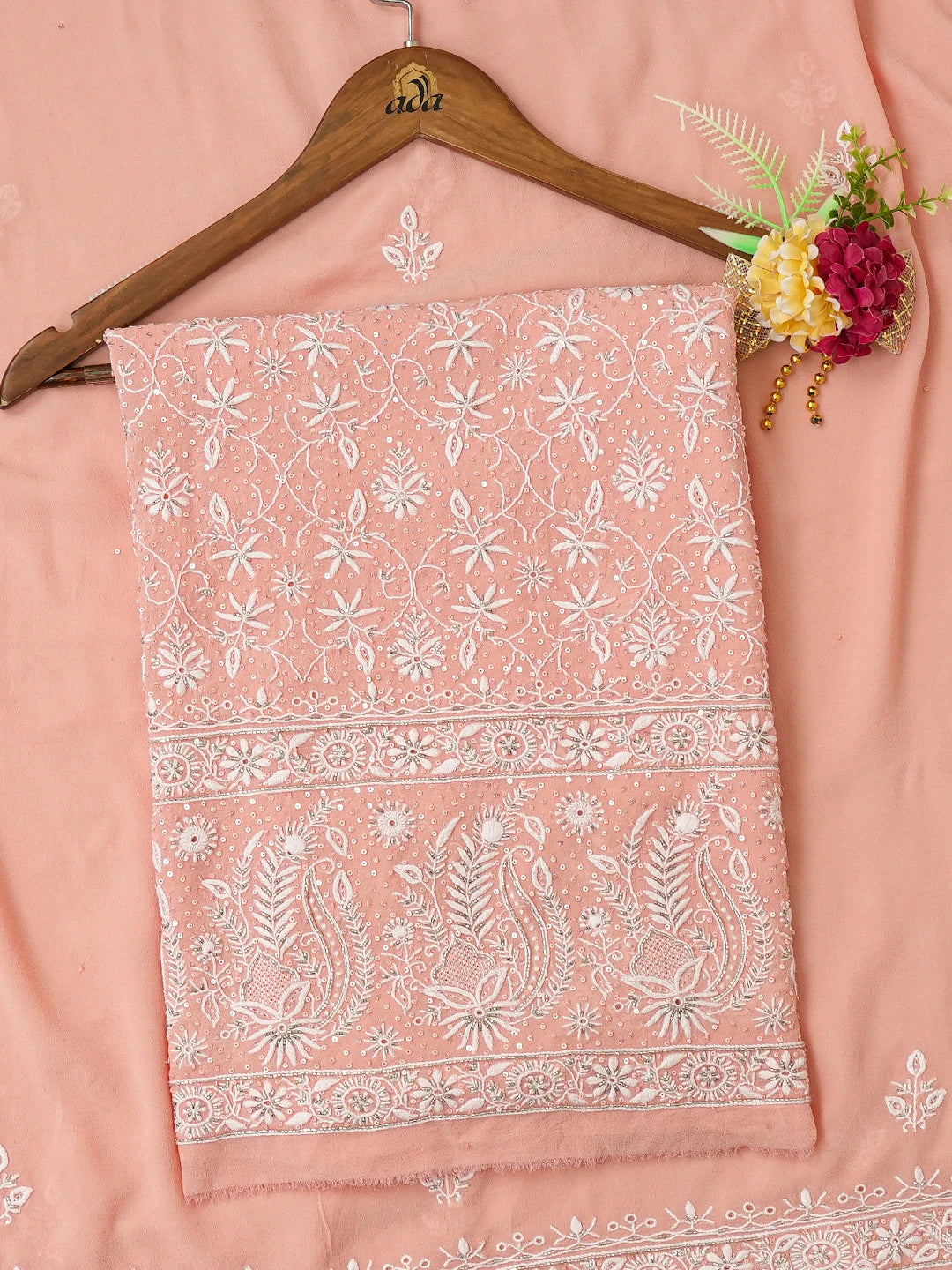 Ada Hand Embroidered Peach Pure Georgette Lucknowi Chikankari Unstitched Kurta Dupatta Set With Cutdana Work 01A682612