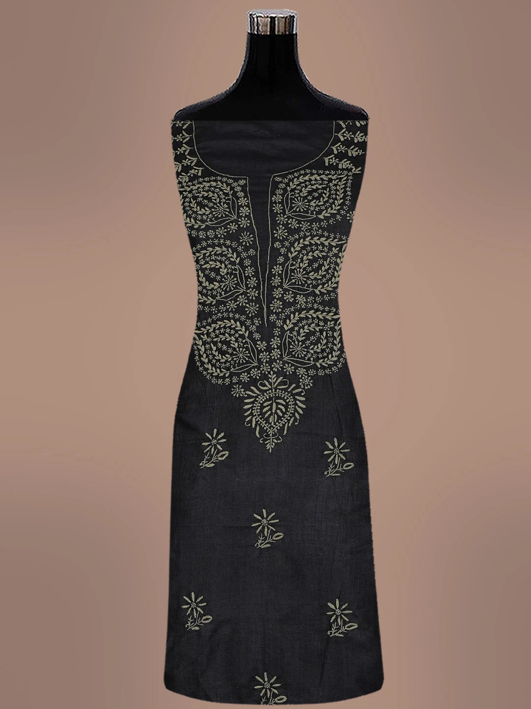 Ada Hand Embroidered Black Silk Lucknowi Chikankari Unstitched Kurta Dupatta Set 01A729296