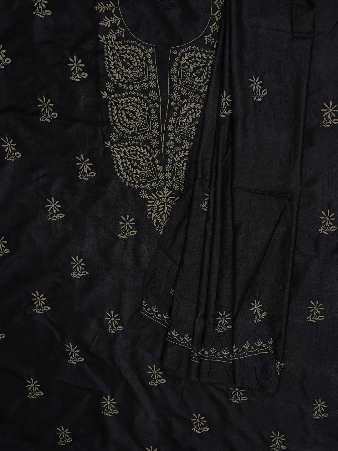 Ada Hand Embroidered Black Silk Lucknowi Chikankari Unstitched Kurta Dupatta Set 01A729296