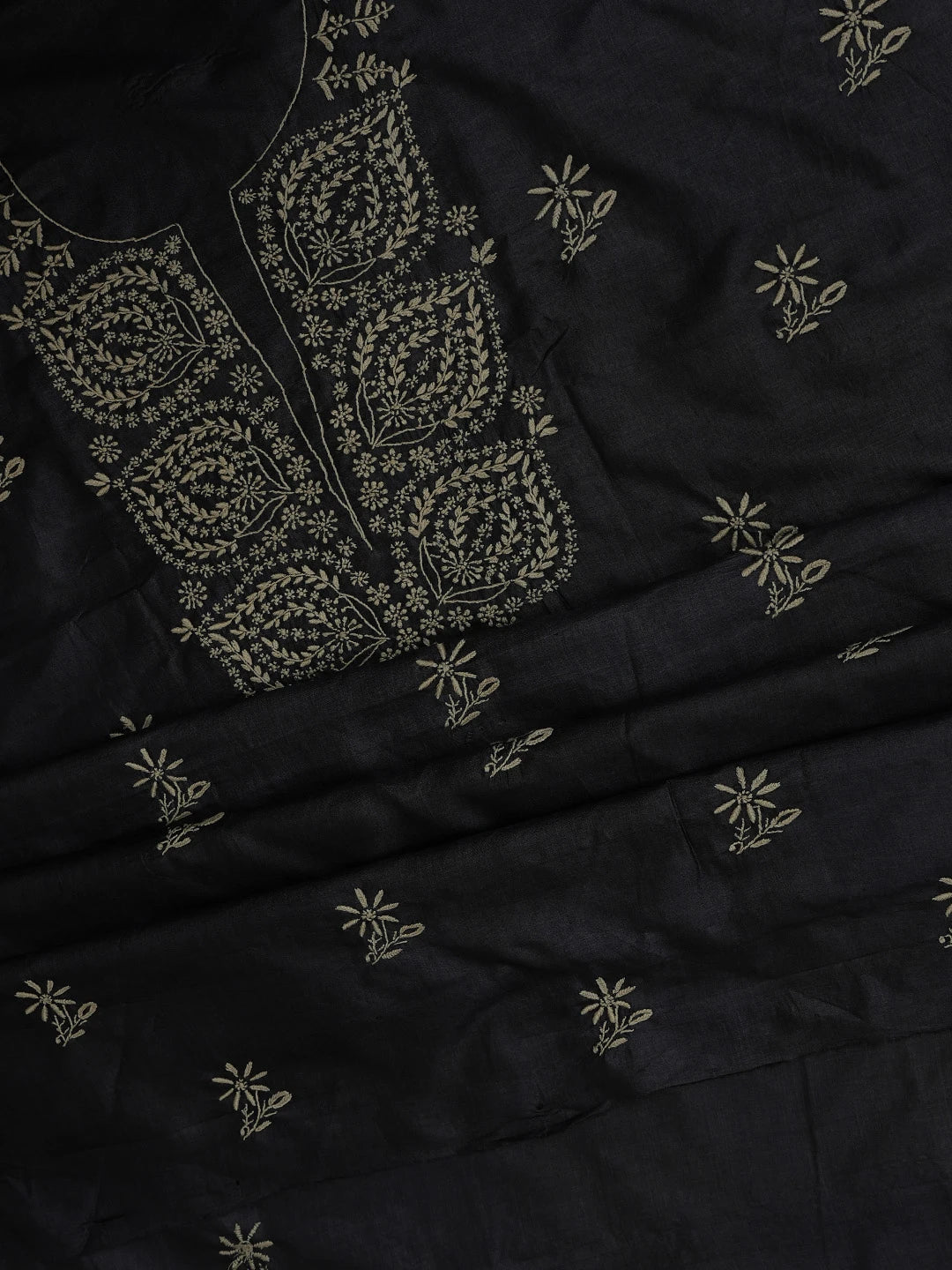 Ada Hand Embroidered Black Silk Lucknowi Chikankari Unstitched Kurta Dupatta Set 01A729296