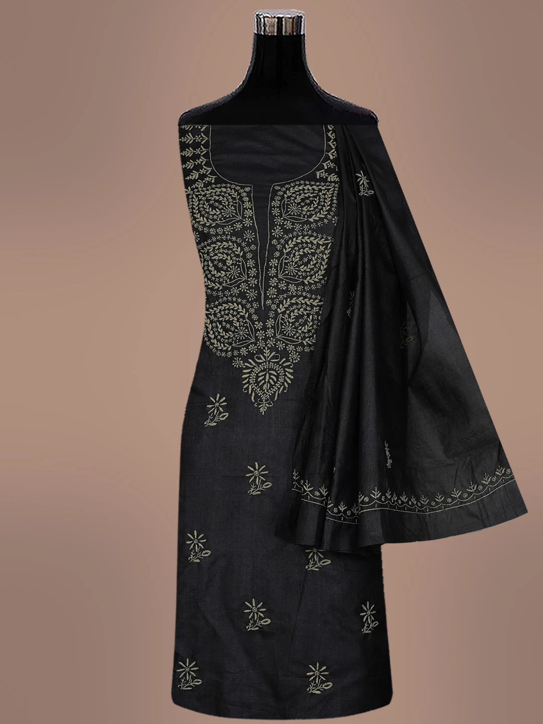 Ada Hand Embroidered Black Silk Lucknowi Chikankari Unstitched Kurta Dupatta Set 01A729296