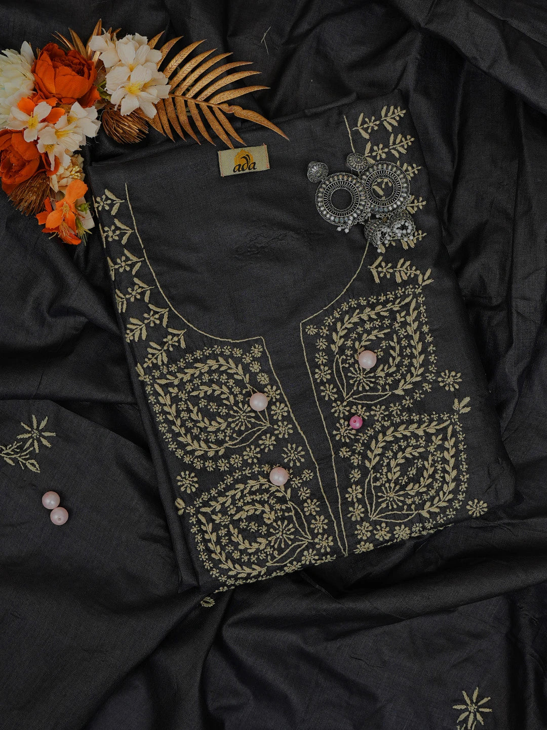 Ada Hand Embroidered Black Silk Lucknowi Chikankari Unstitched Kurta Dupatta Set 01A729296