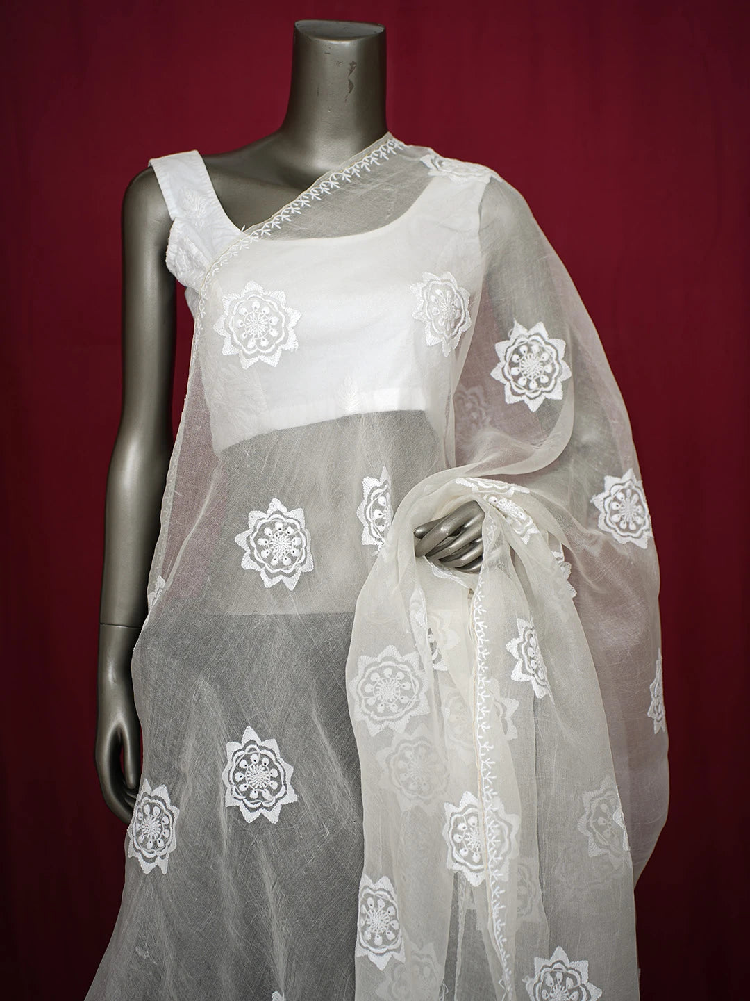 Ada Hand Embroidered White Organza Lucknowi Chikankari Dupatta 01A695070