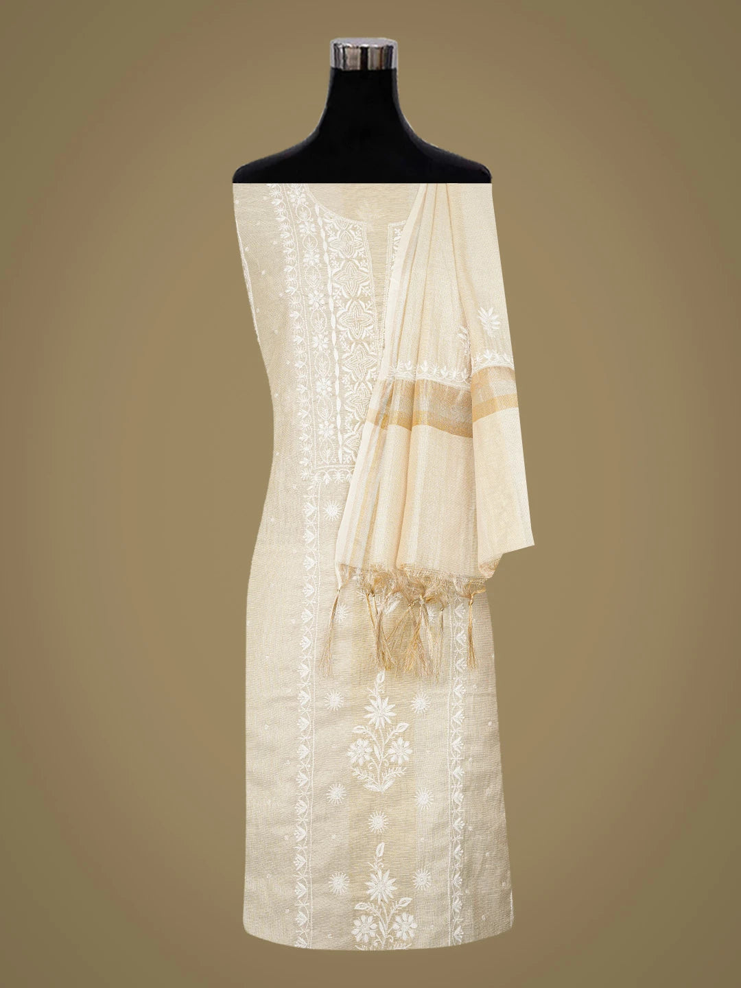 Ada Hand Embroidered Fawn Tissue Lucknowi Chikankari Unstitched Kurta Dupatta Set With Cutdana Work 01A731294