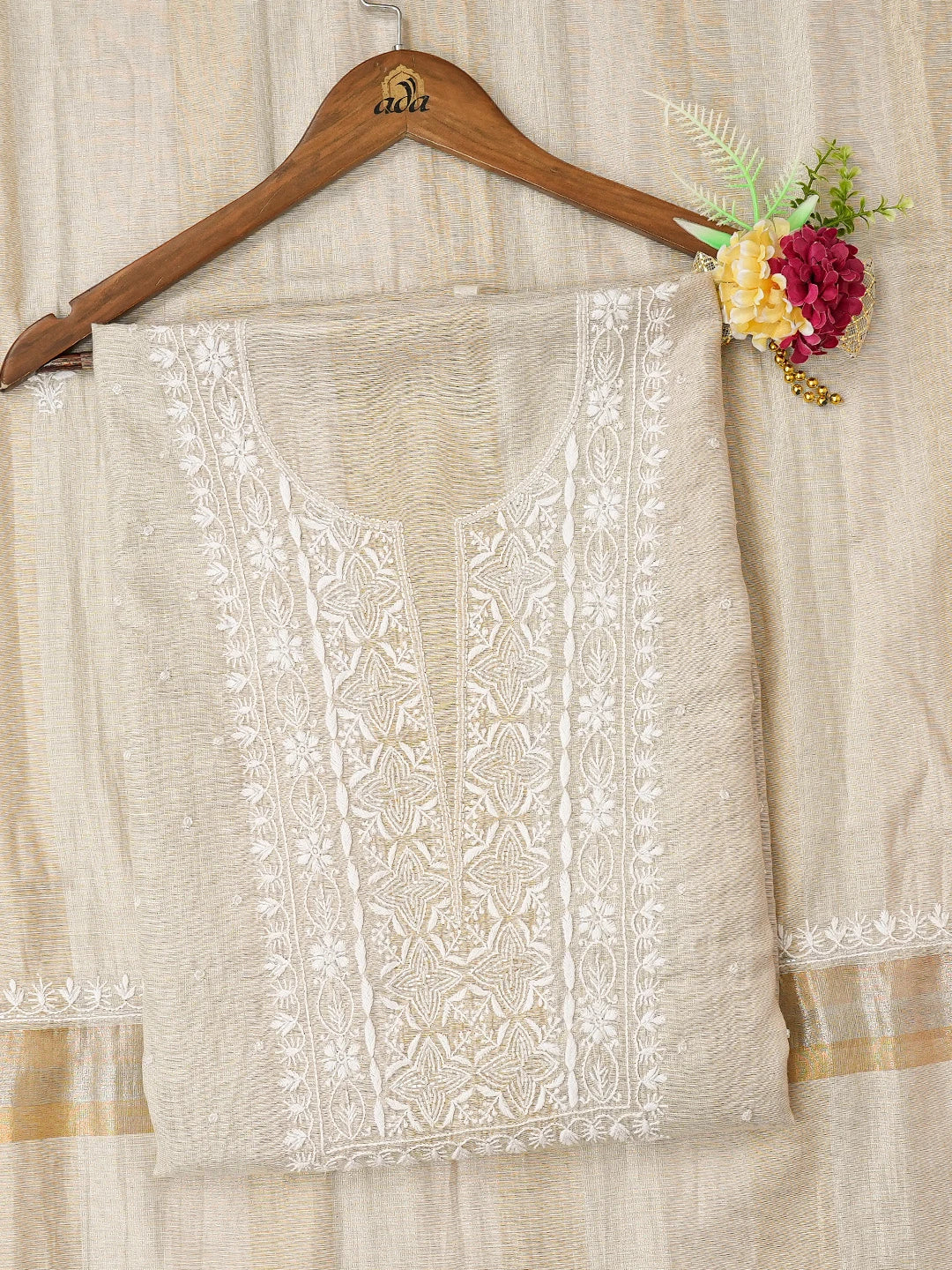 Ada Hand Embroidered Fawn Tissue Lucknowi Chikankari Unstitched Kurta Dupatta Set With Cutdana Work 01A731294