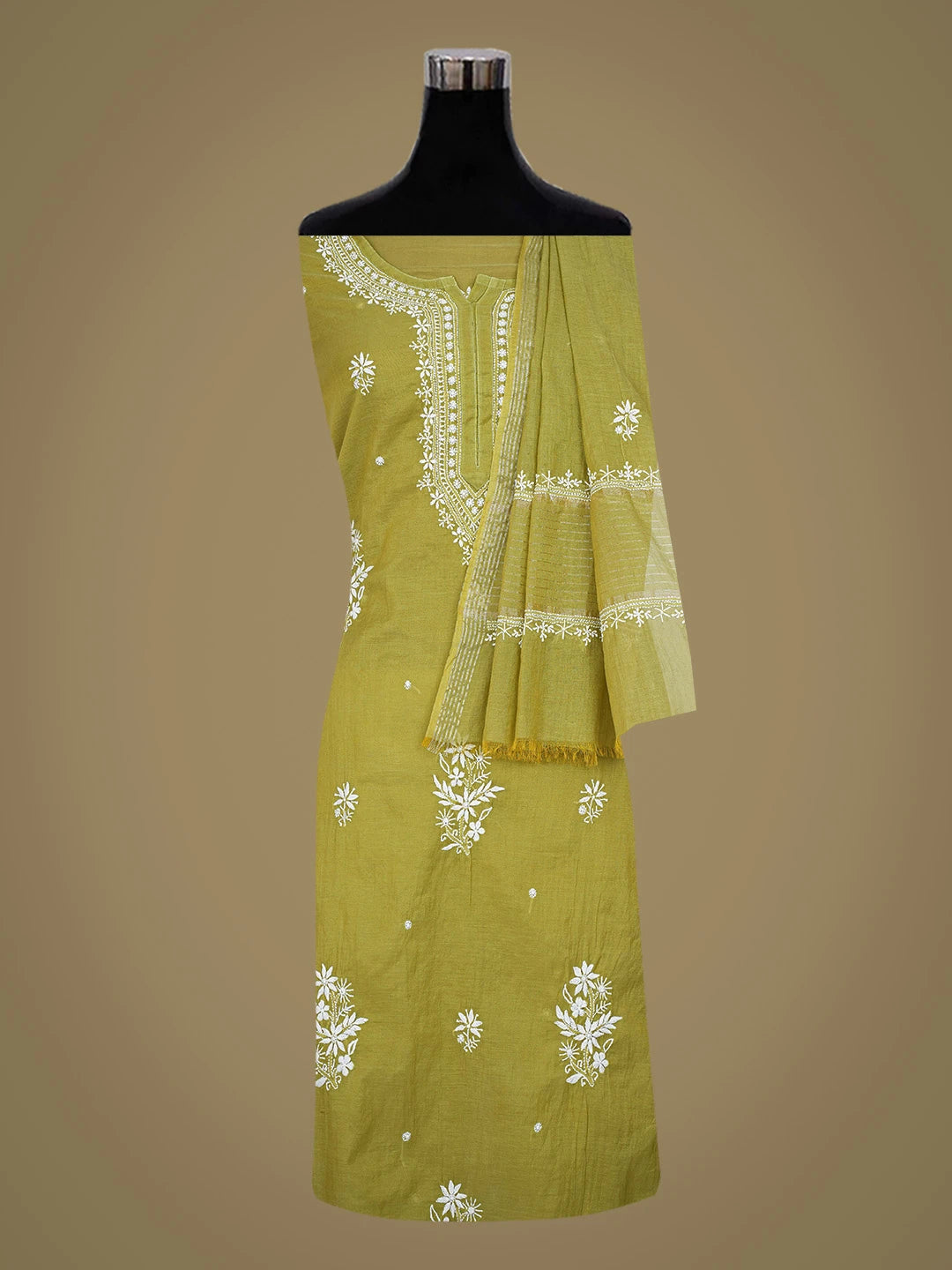 Ada Hand Embroidered Apple Green Chanderi Lucknowi Chikankari Semi-Stitched Kurta Dupatta Set 01A725755