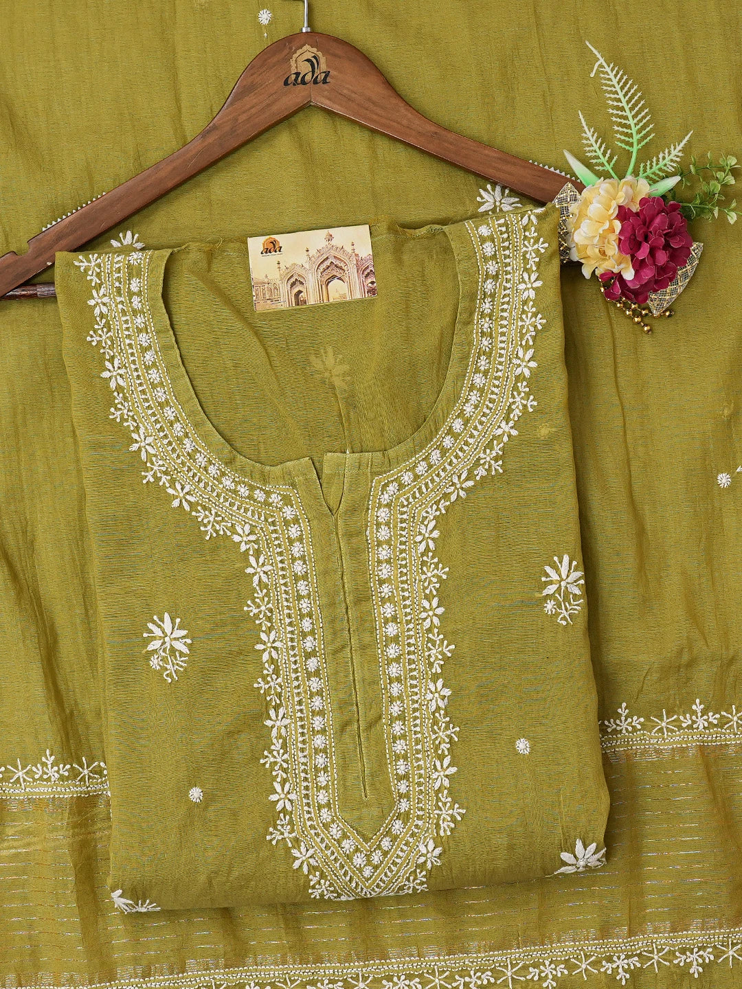 Ada Hand Embroidered Apple Green Chanderi Lucknowi Chikankari Semi-Stitched Kurta Dupatta Set 01A725755