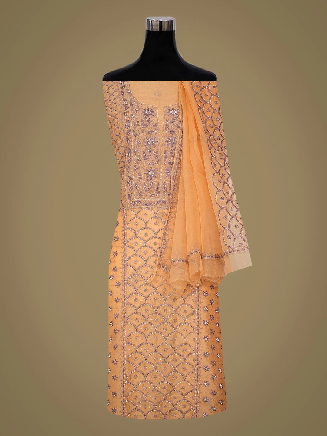 Ada Hand Embroidered Orange(Crayola) Organza Lucknowi Chikankari Unstitched Kurta Dupatta Set With Cutdana Work 01A697846