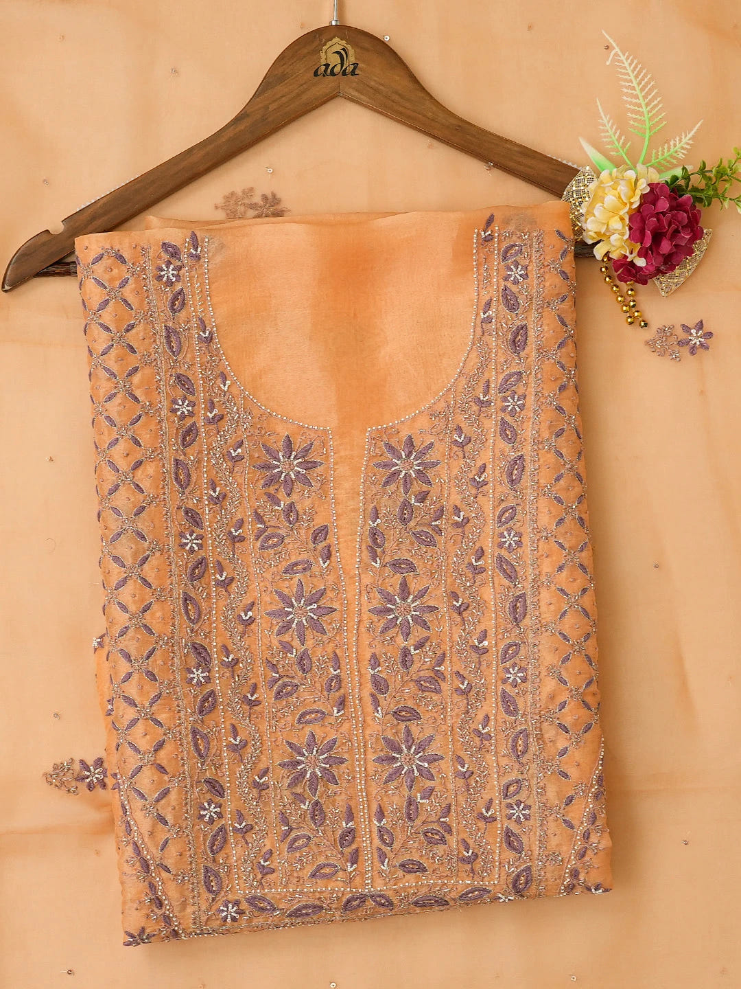 Ada Hand Embroidered Orange(Crayola) Organza Lucknowi Chikankari Unstitched Kurta Dupatta Set With Cutdana Work 01A697846