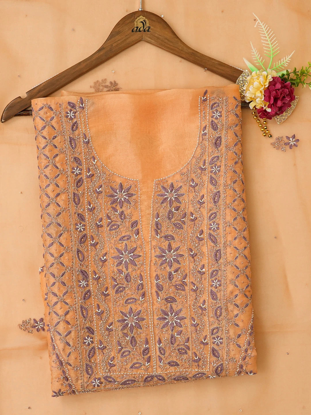 Ada Hand Embroidered Orange(Crayola) Organza Lucknowi Chikankari Unstitched Kurta Dupatta Set With Cutdana Work 01A697846