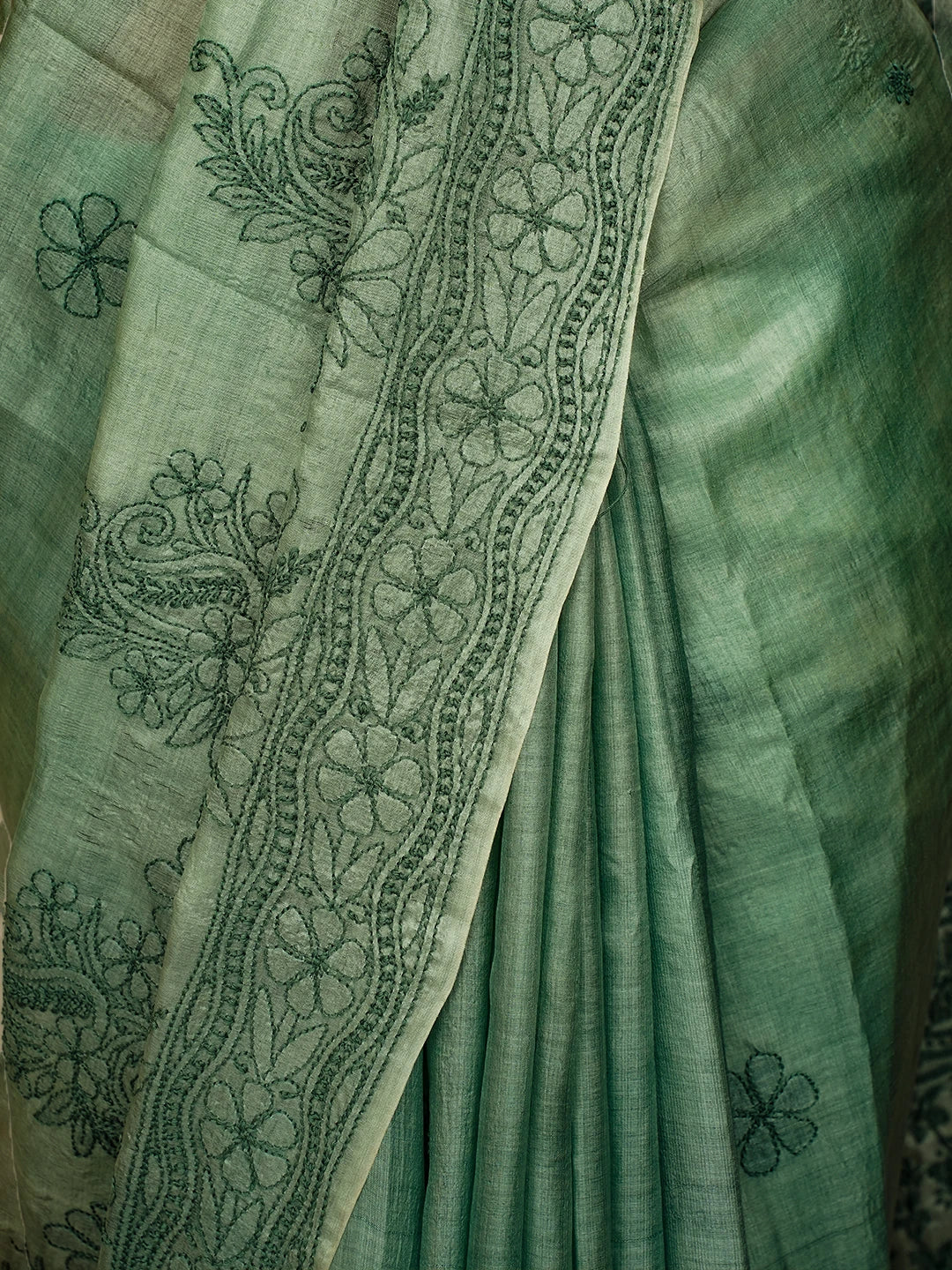 Ada Hand Embroidered Castleton Green Silk Lucknowi Chikankari Saree With Blouse 01A669301