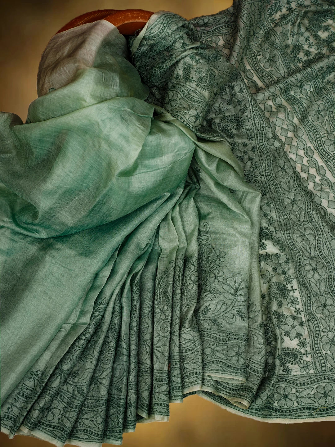 Ada Hand Embroidered Castleton Green Silk Lucknowi Chikankari Saree With Blouse 01A669301