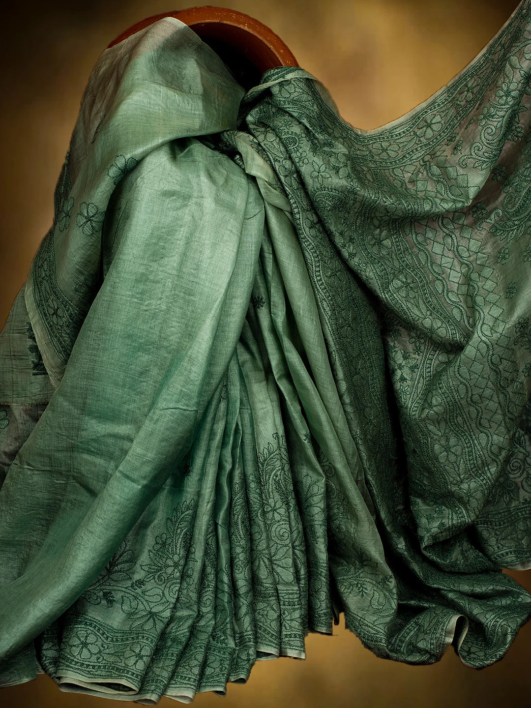 Ada Hand Embroidered Castleton Green Silk Lucknowi Chikankari Saree With Blouse 01A669301