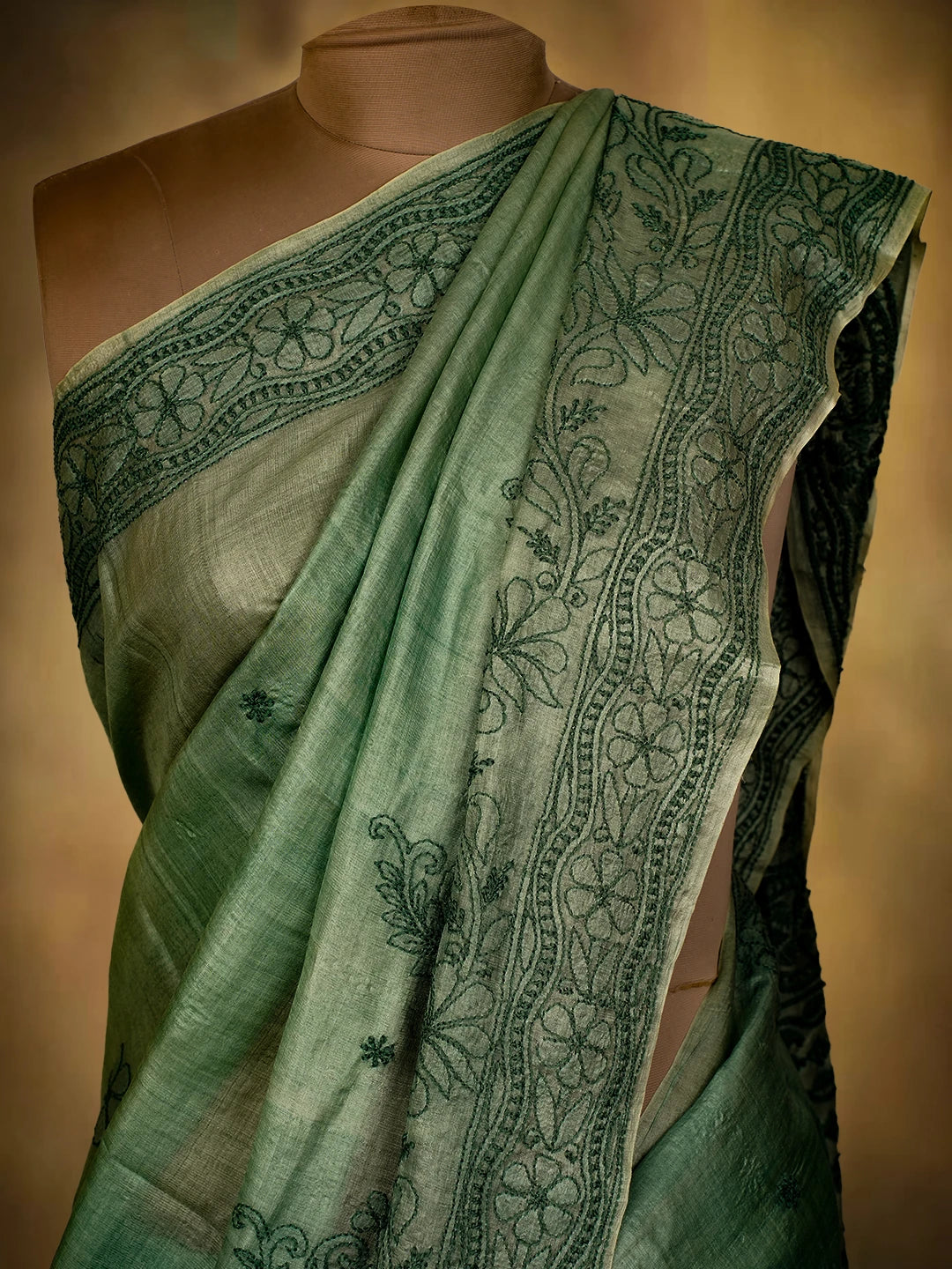 Ada Hand Embroidered Castleton Green Silk Lucknowi Chikankari Saree With Blouse 01A669301
