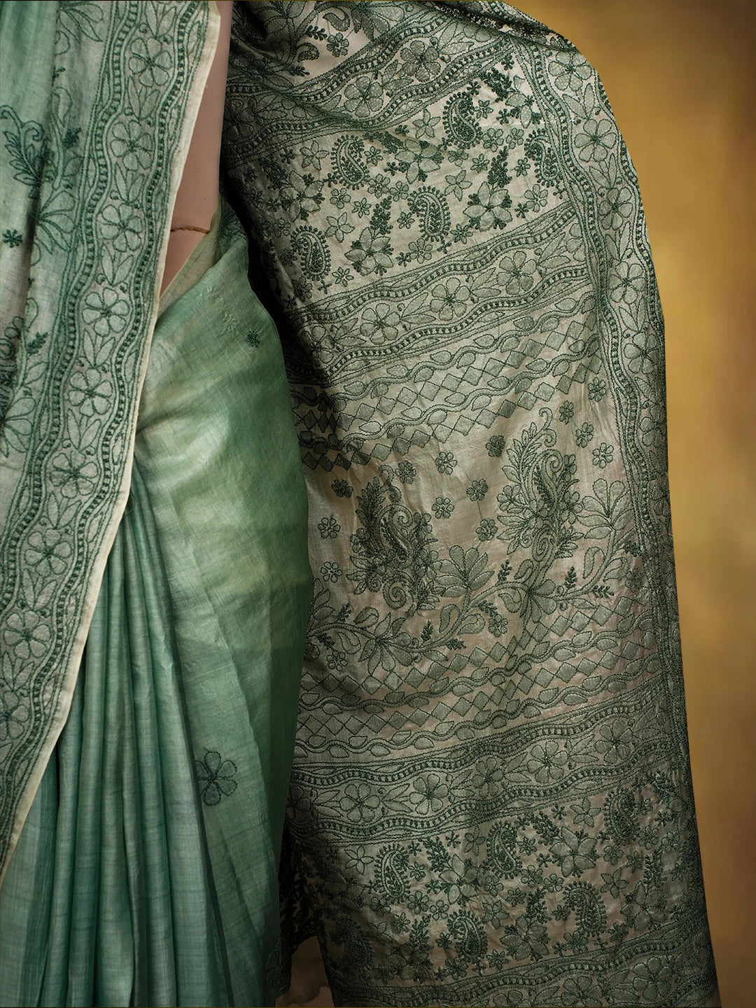 Ada Hand Embroidered Castleton Green Silk Lucknowi Chikankari Saree With Blouse 01A669301