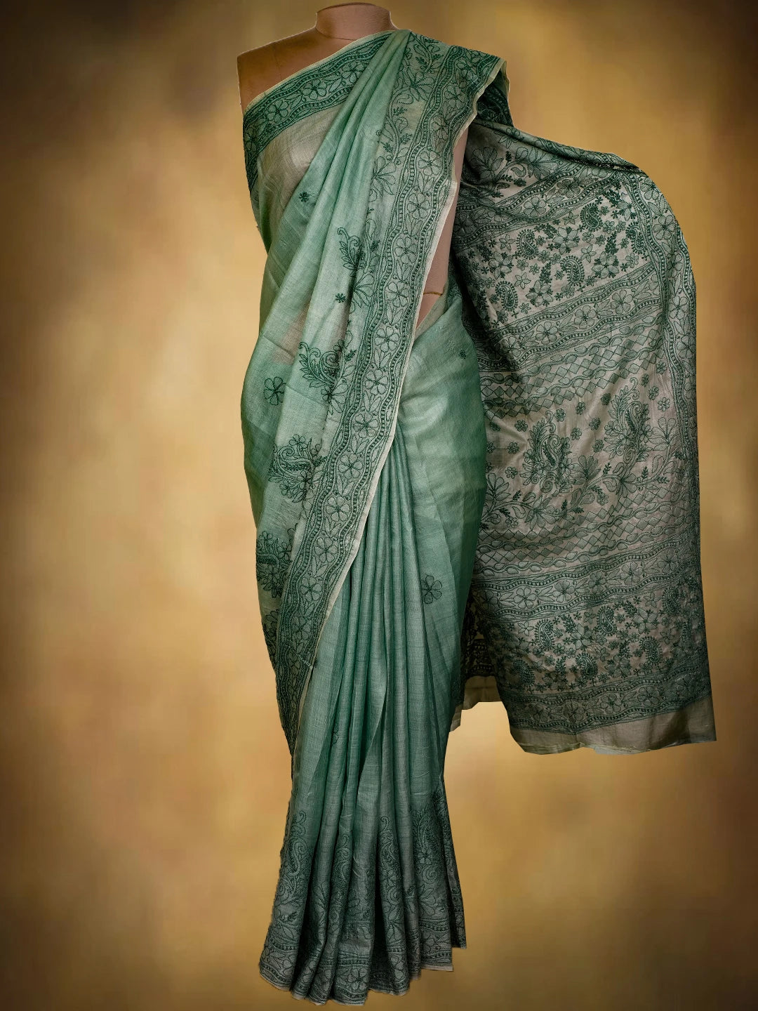 Ada Hand Embroidered Castleton Green Silk Lucknowi Chikankari Saree With Blouse 01A669301