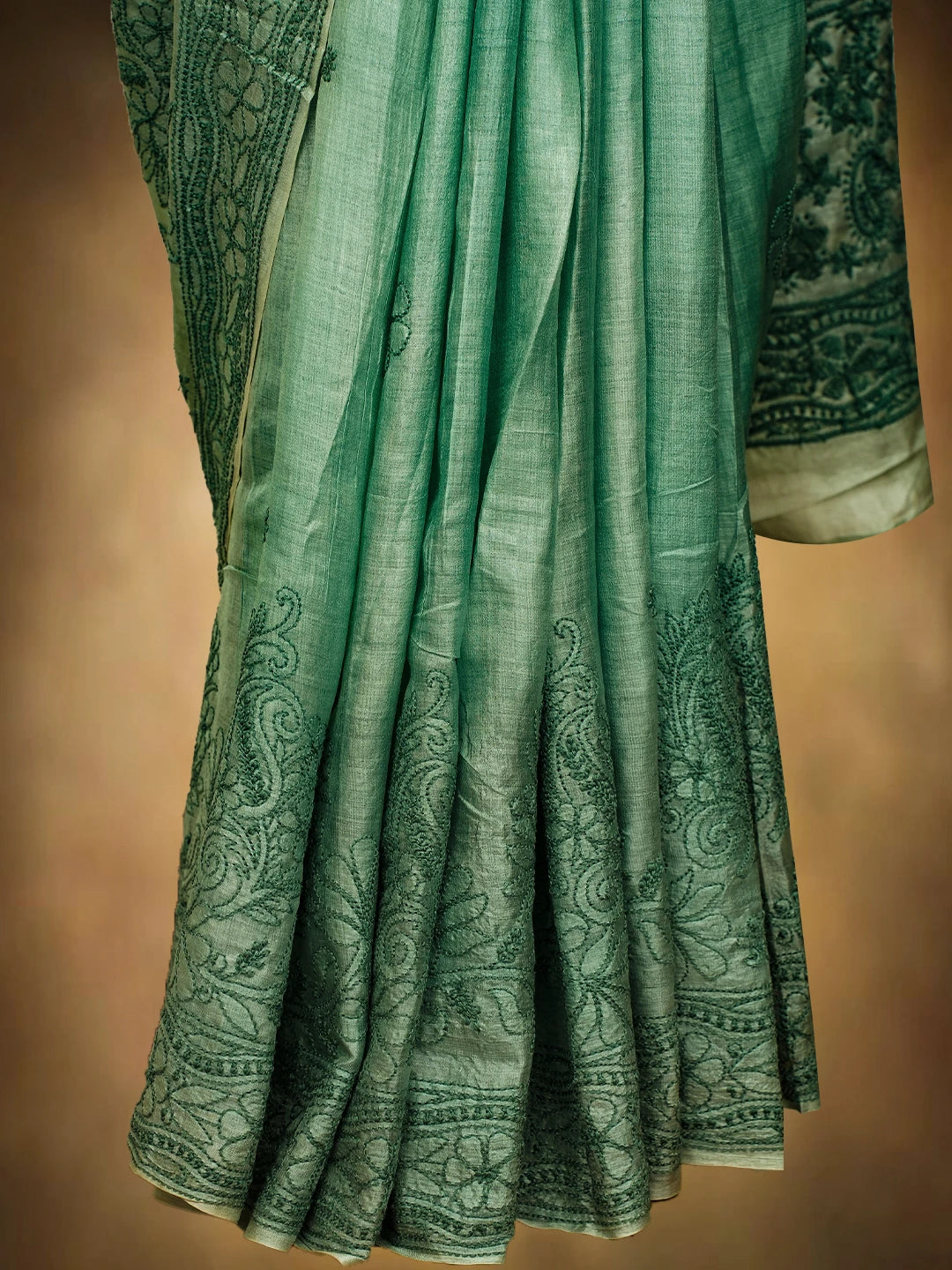 Ada Hand Embroidered Castleton Green Silk Lucknowi Chikankari Saree With Blouse 01A669301