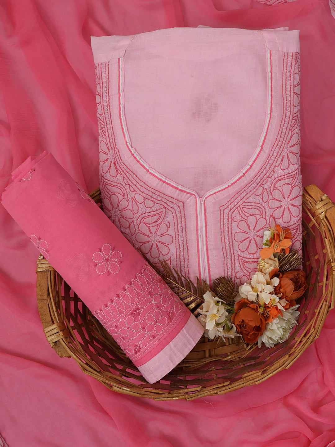 Ada Hand Embroidered Pink Cotton Lucknowi Chikankari Unstitched Suit Piece 01A317720