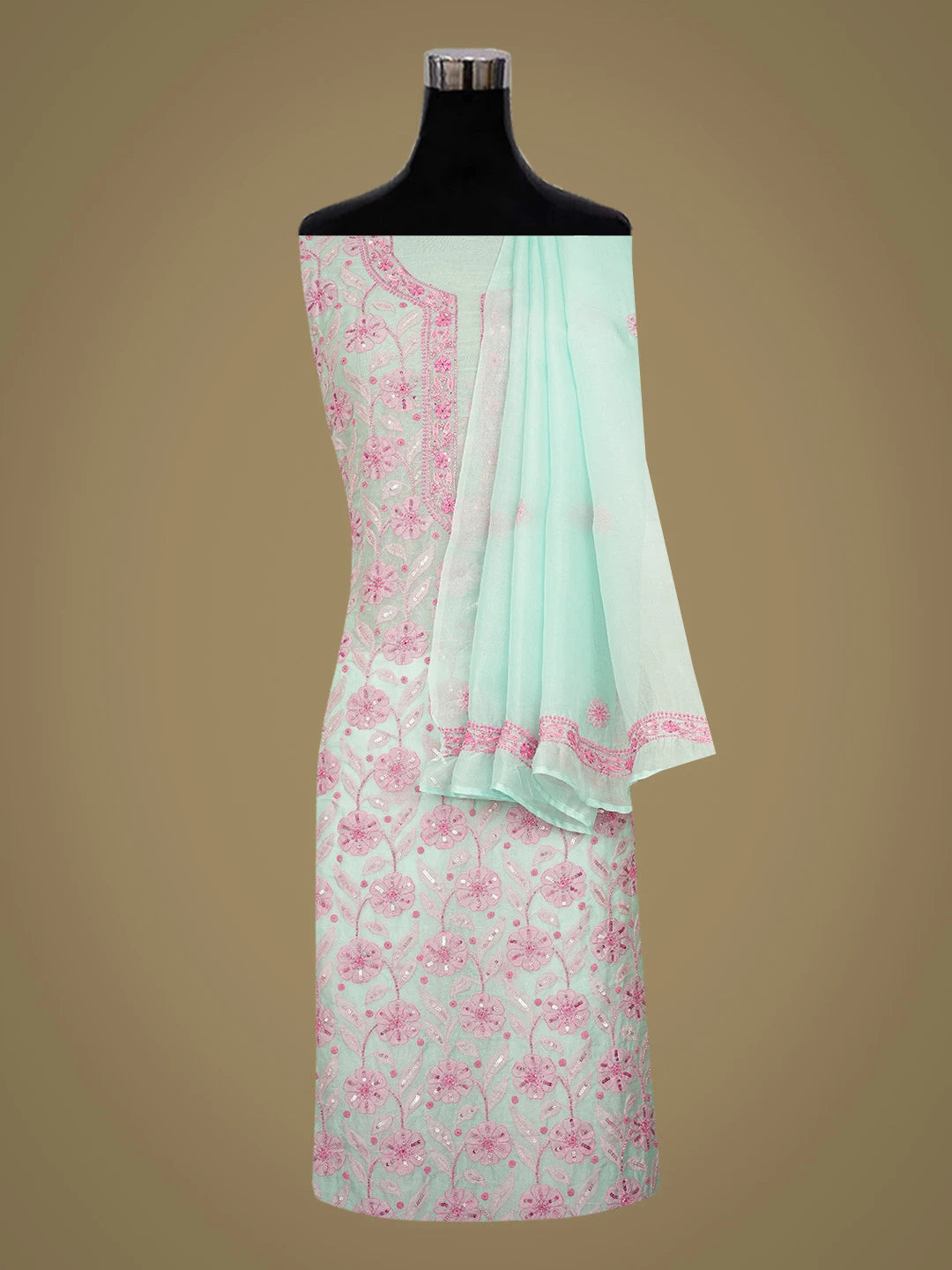 Ada Hand Embroidered Sea Green Organza Lucknowi Chikankari Unstitched Kurta Dupatta Set With Cutdana Work 01A702505