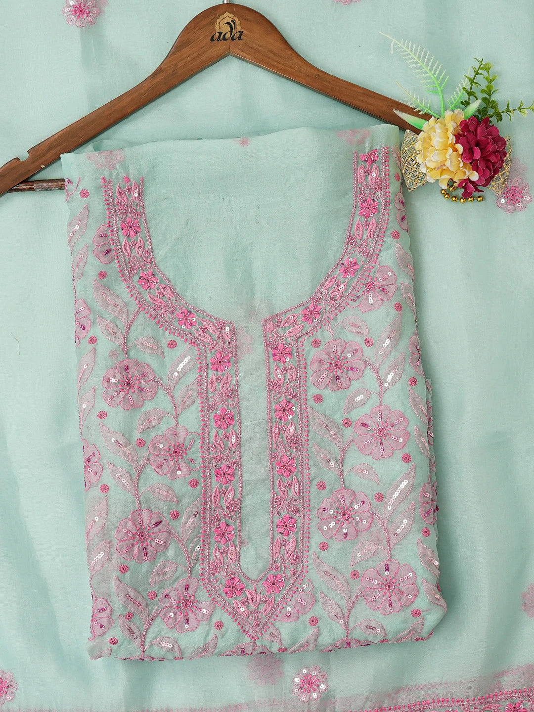 Ada Hand Embroidered Sea Green Organza Lucknowi Chikankari Unstitched Kurta Dupatta Set With Cutdana Work 01A702505