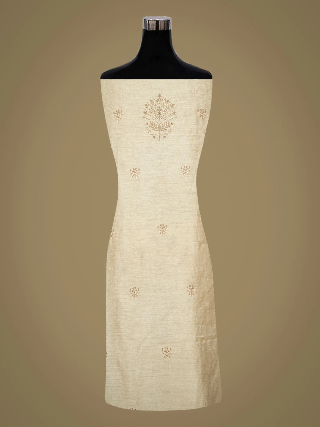 Ada Hand Embroidered Fawn Moonga Silk Lucknowi Chikankari Unstitched Kurta Dupatta Set 01A729065